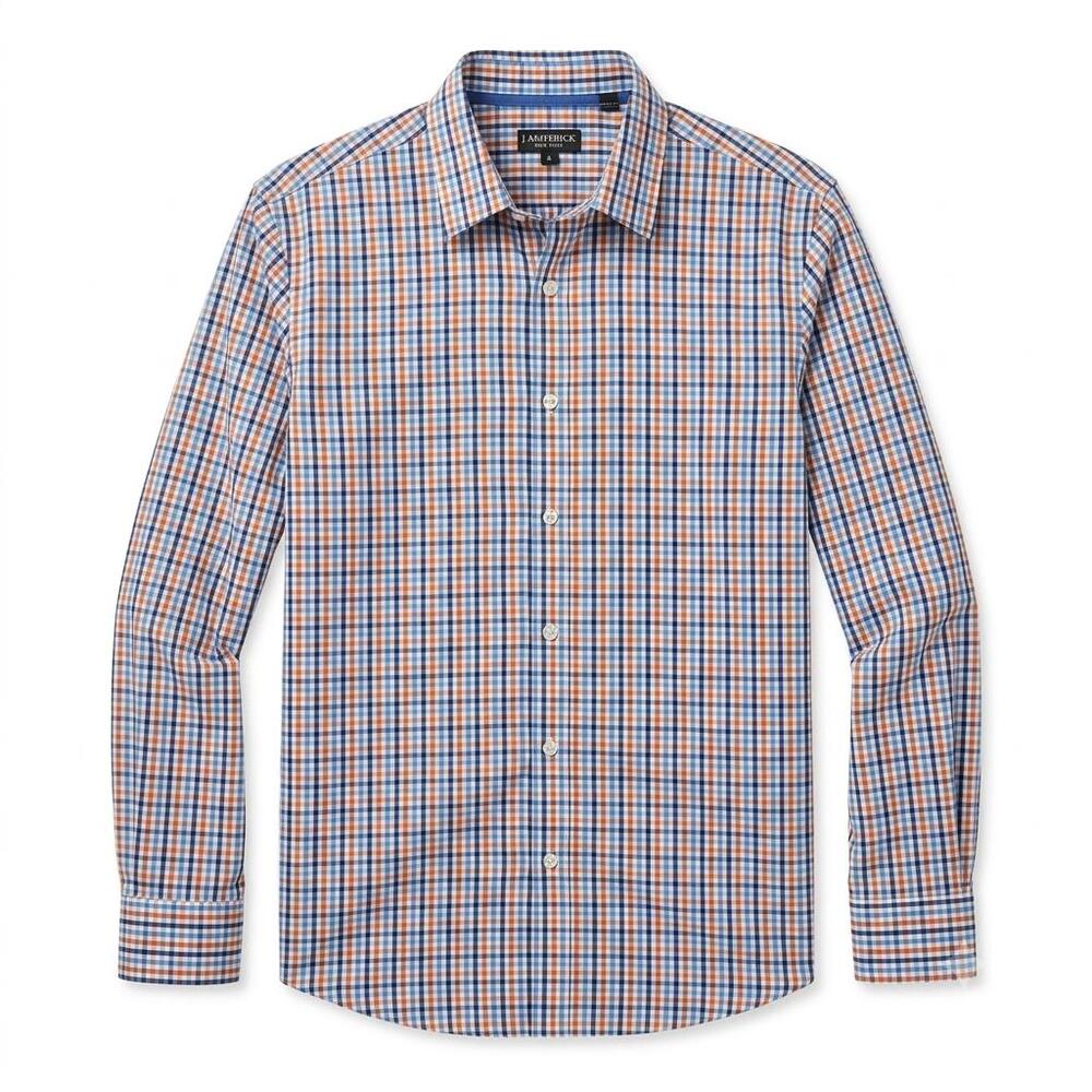Men's Blue and Orange Plaid Long-Sleeve Button-Down Shirt